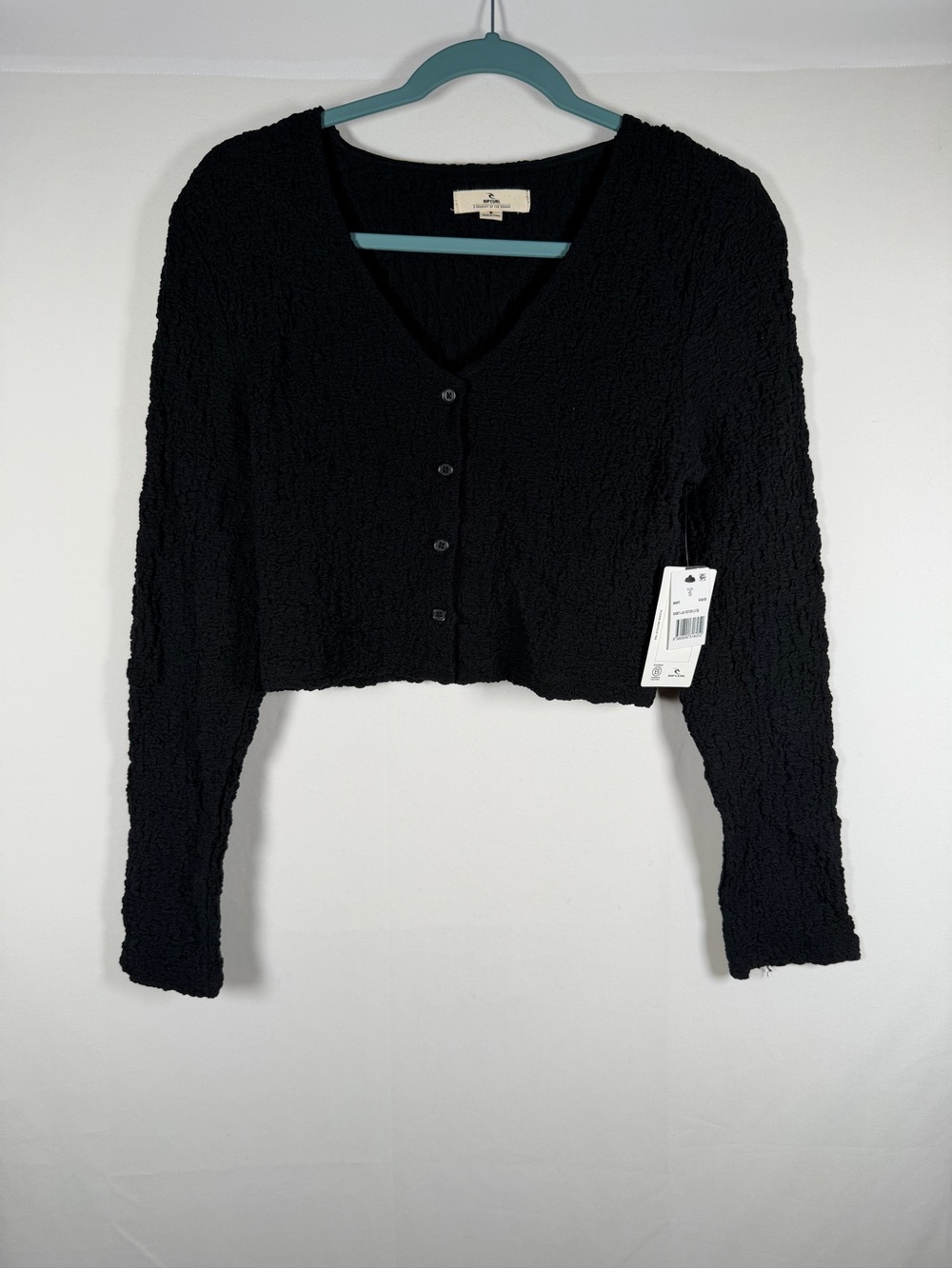 NWT Rip Curl Black Sunset Luau Textured Cropped Button V-Neck Top - Coastal